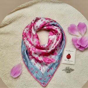 Vera Neumann Vibrant Pink Poppy & Blue Floral Silk Scarf